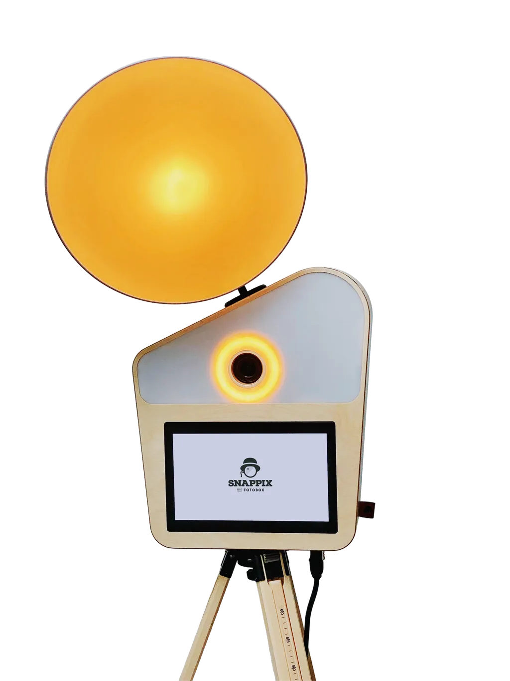 Frontalansicht der Snappix‑Fotobox mit Kamera und Beleuchtung